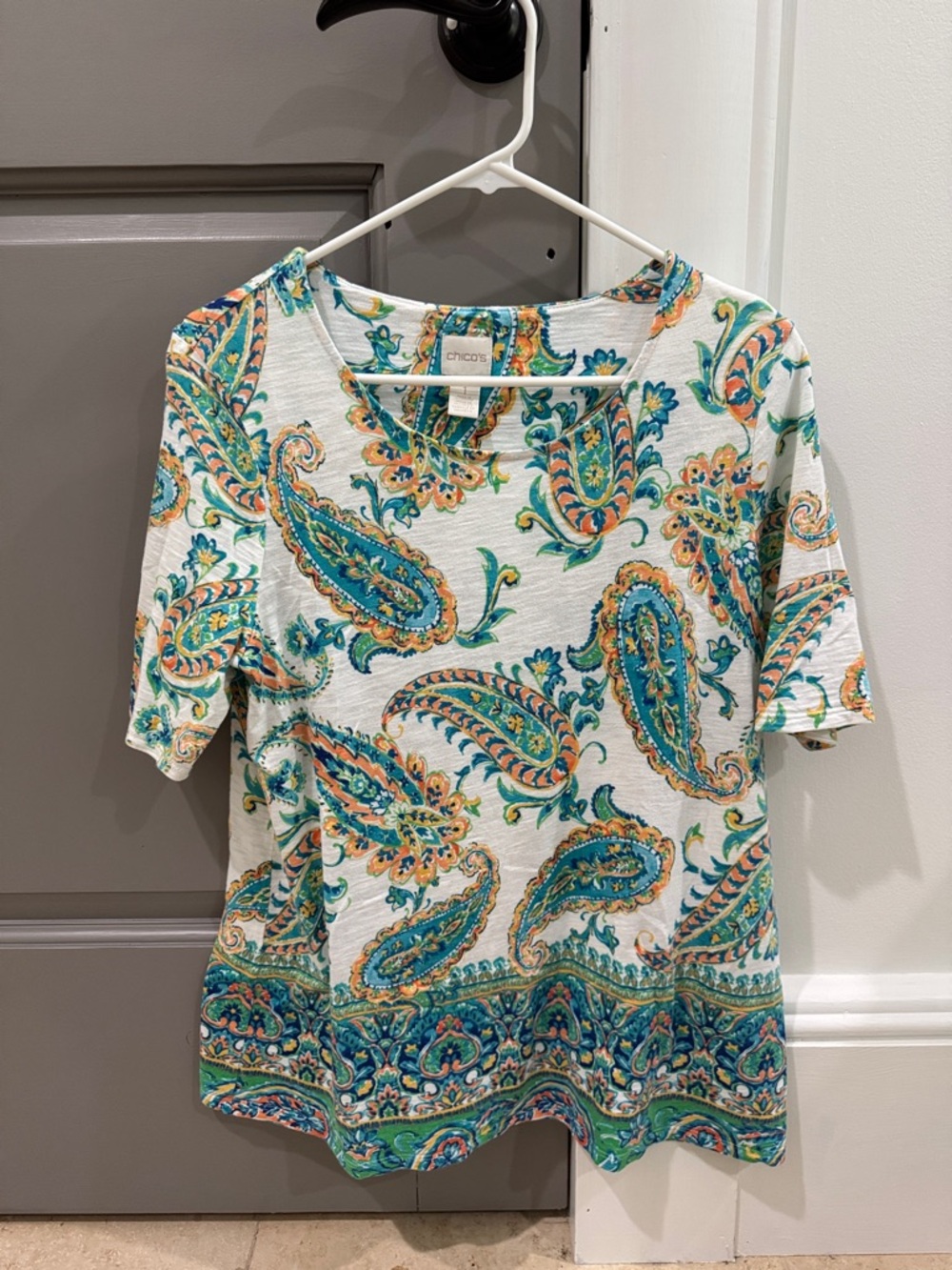 Chico's White Paisley Short Sleeve Tee with Teal and Coral Accents